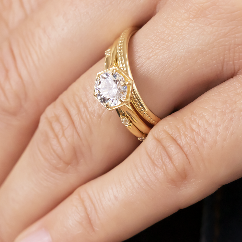 1.0CT Round Cut Hexagon Style Solitaire Moissanite Engagement Ring