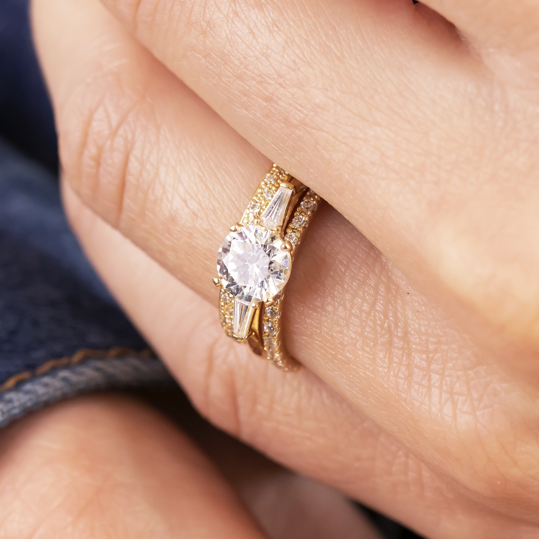 1.0CT Round & Baguette Three Stone Moissanite Engagement Ring