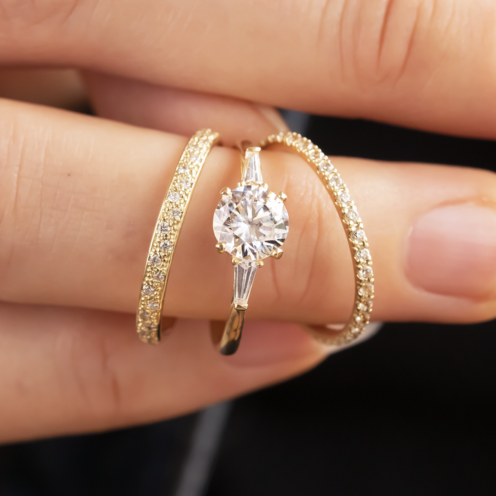 1.0CT Round & Baguette Three Stone Moissanite Engagement Ring