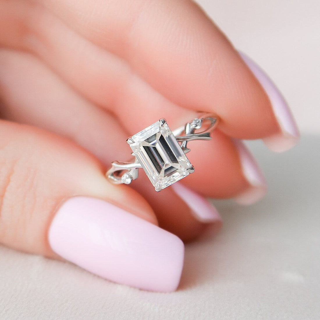 2.03 CT Emerald Cut Moissanite Twig Style Engagement Ring
