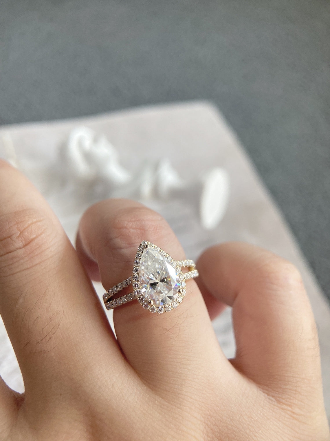 1.0 - 3.0 CT Pear CVD Diamond Halo Cathedral Setting Engagement Ring
