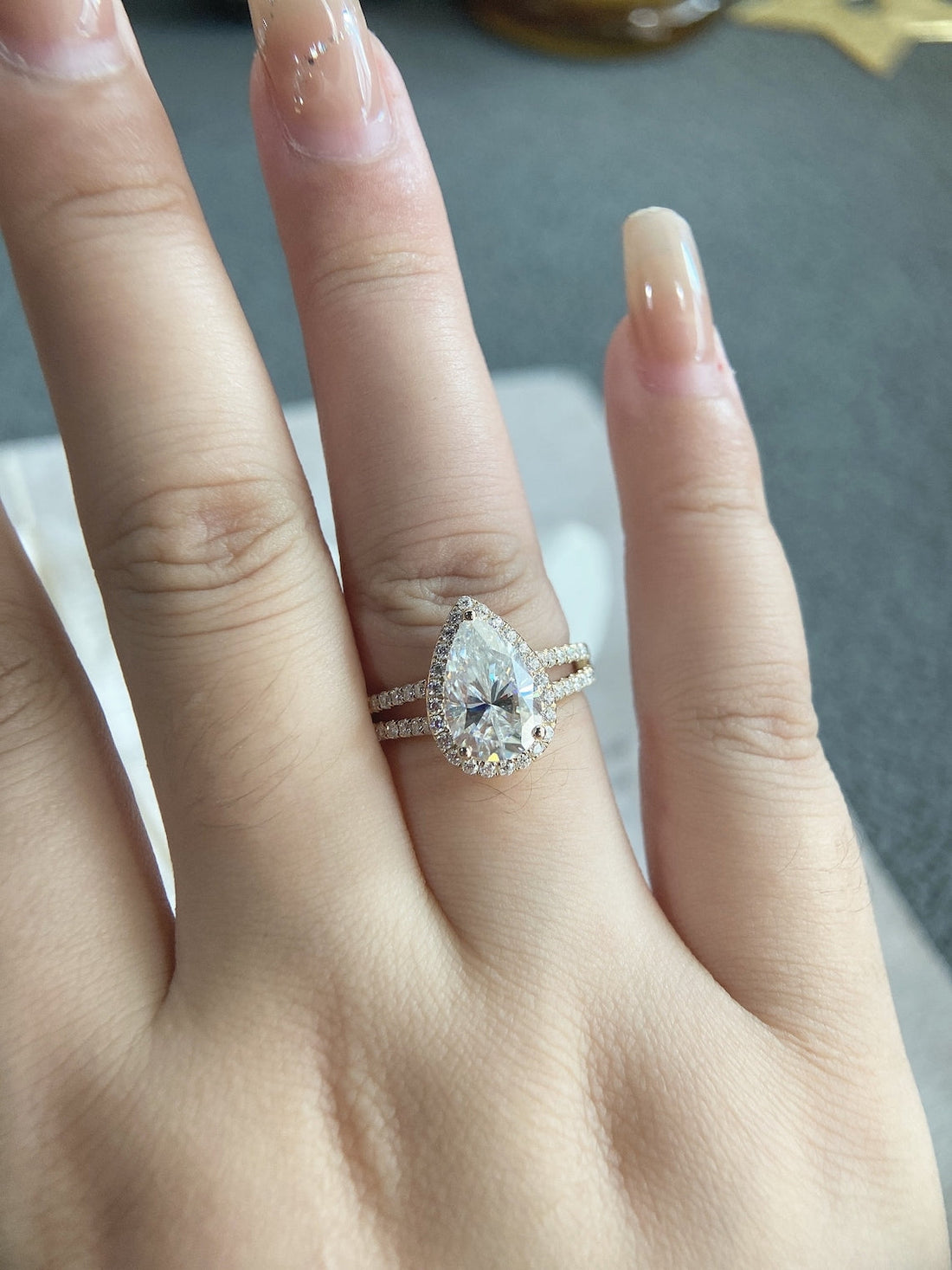 1.0 - 3.0 CT Pear CVD Diamond Halo Cathedral Setting Engagement Ring