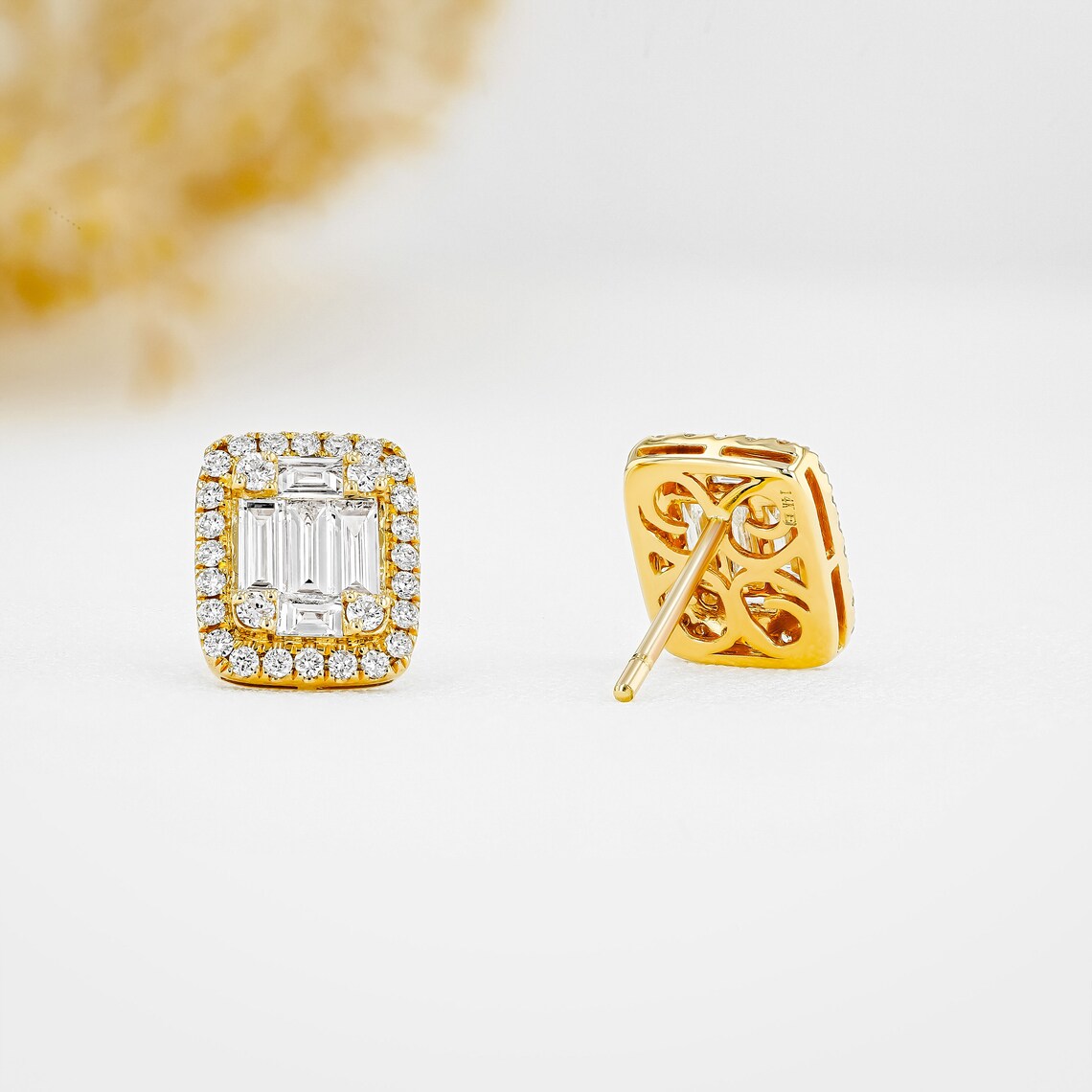 1.30 TCW Round & Baguette Moissanite Diamond Halo Stud Earrings