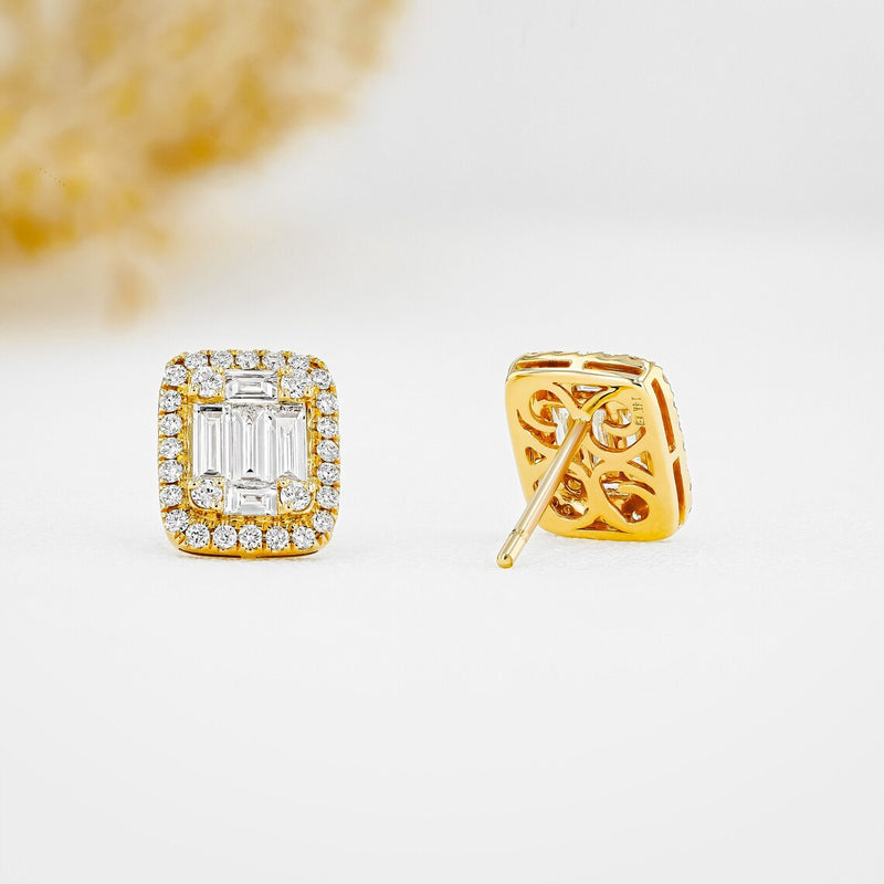 1.30 TCW Round & Baguette Moissanite Diamond Halo Stud Earrings