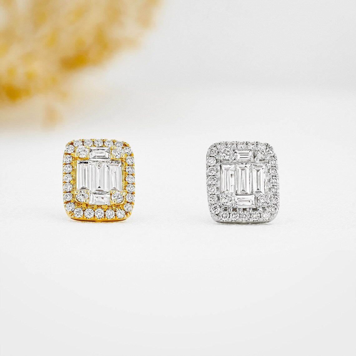 1.30 TCW Round & Baguette Moissanite Diamond Halo Stud Earrings