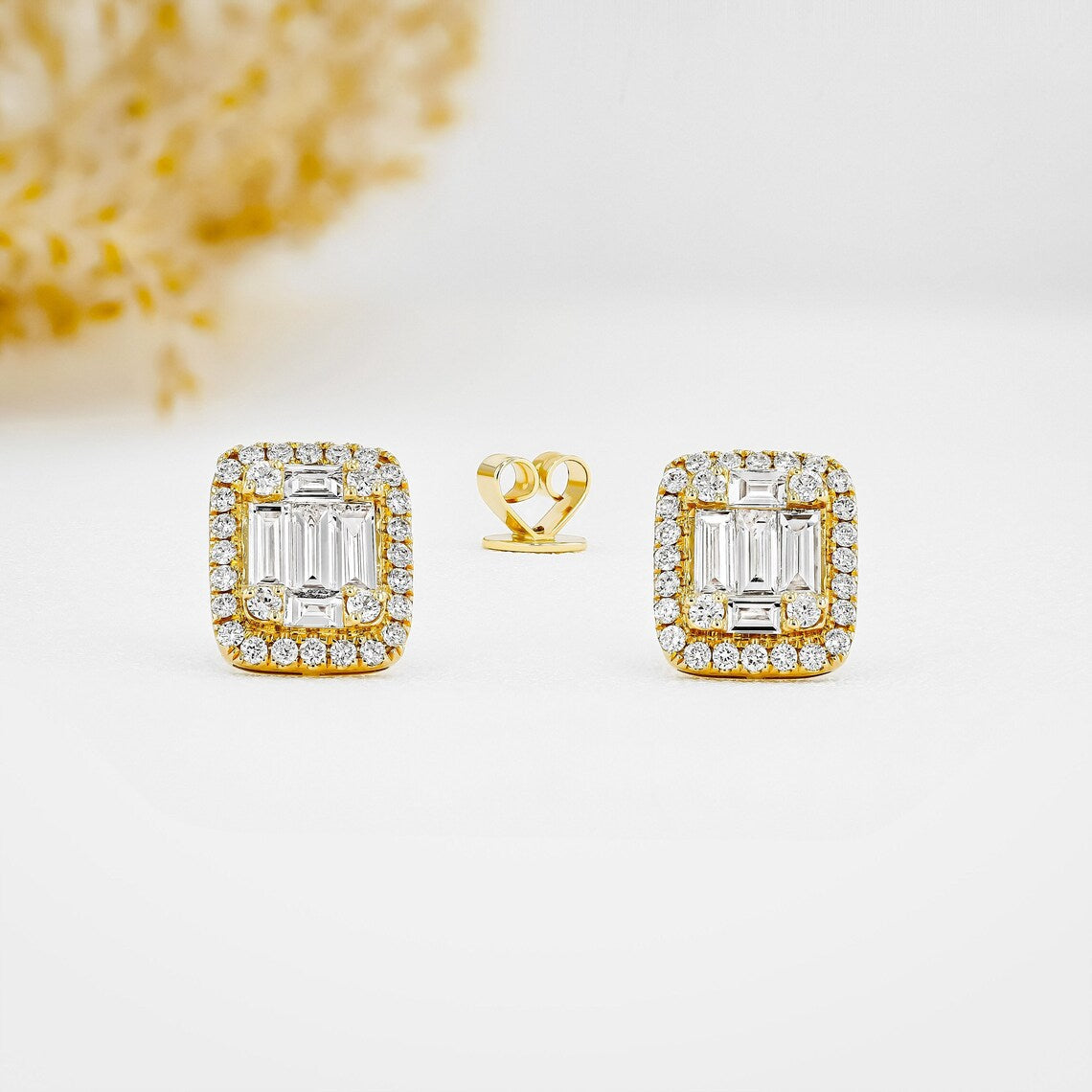 1.30 TCW Round & Baguette Moissanite Diamond Halo Stud Earrings