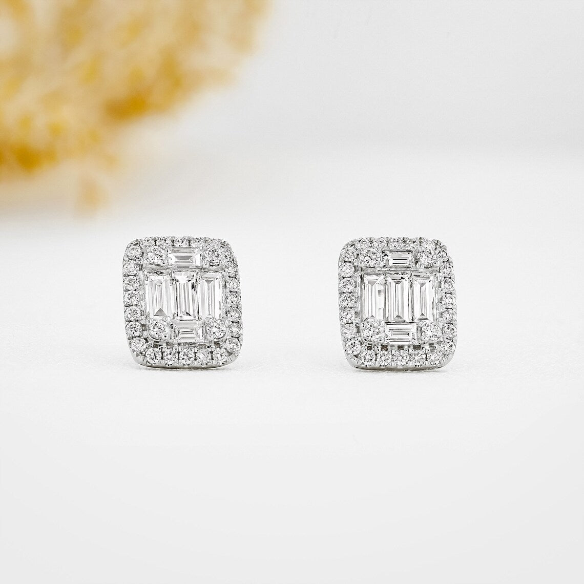 1.30 TCW Round & Baguette Moissanite Diamond Halo Stud Earrings