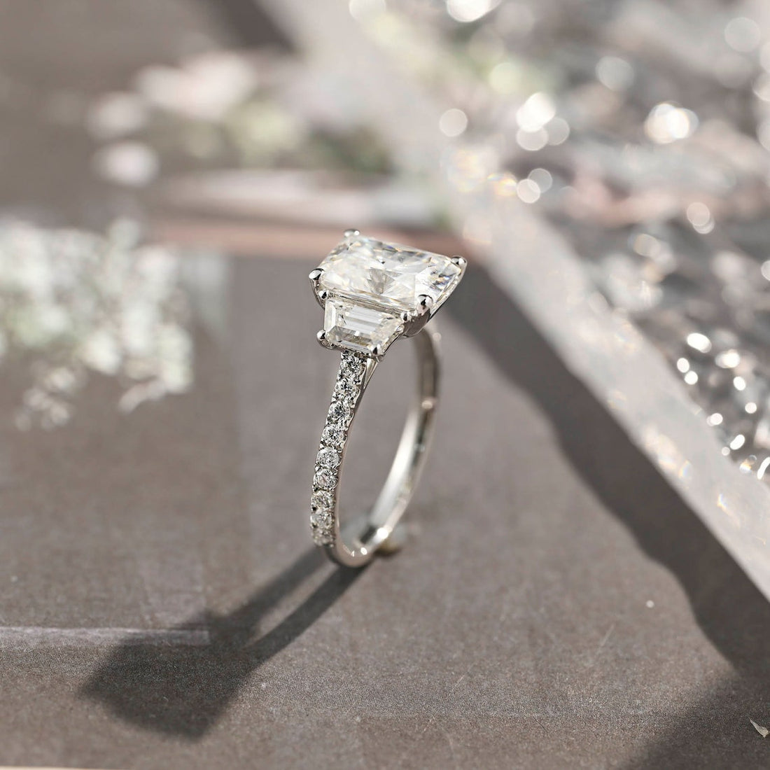 2.0-4.0 CT Radiant G/VS2 CVD Diamond Three Stone Style Engagement Ring