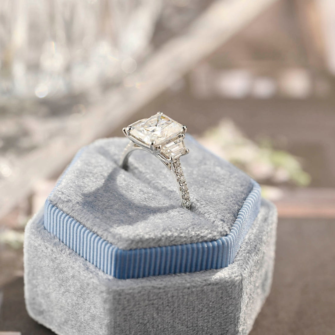 2.0-4.0 CT Radiant G/VS2 CVD Diamond Three Stone Style Engagement Ring