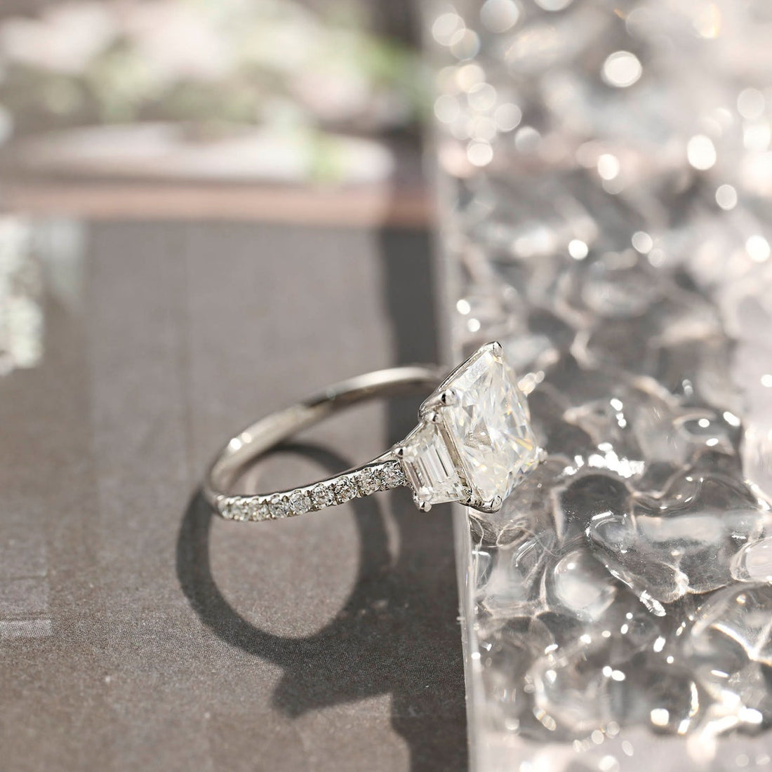 2.0-4.0 CT Radiant G/VS2 CVD Diamond Three Stone Style Engagement Ring