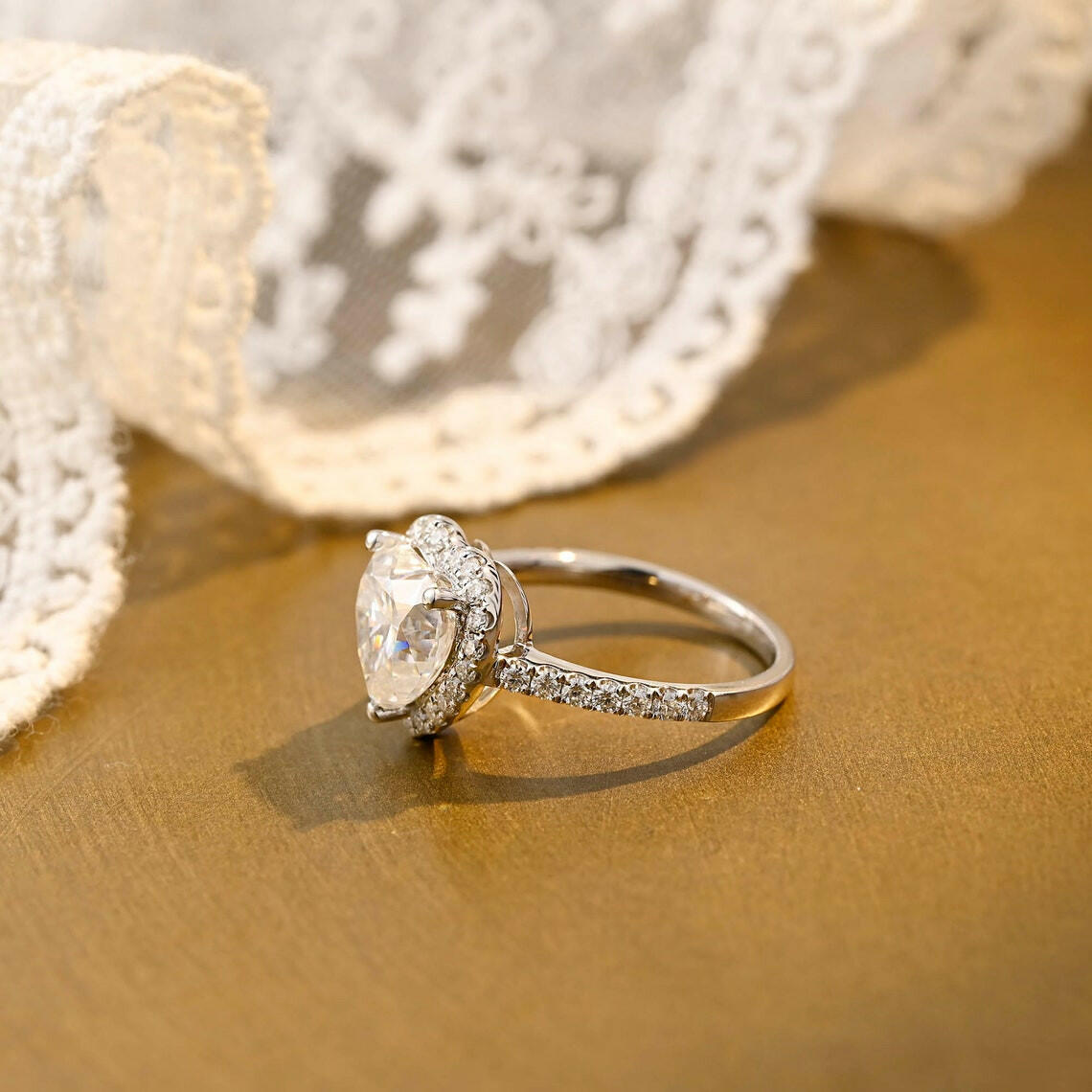 1.0 CT Heart Moissanite Diamond Halo Pave Engagement Ring
