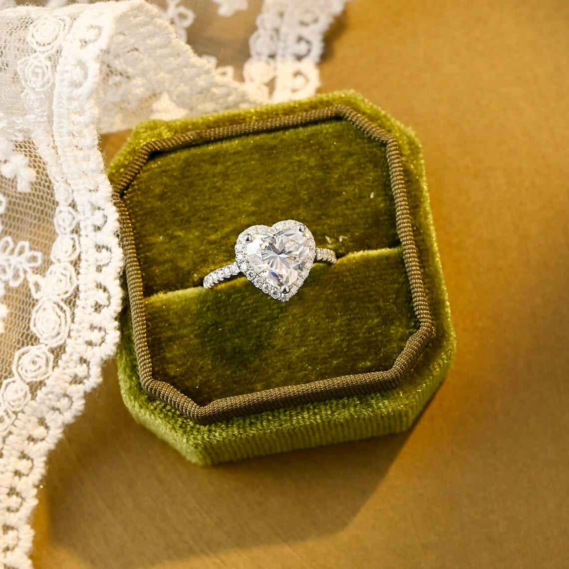 1.0 CT Heart Moissanite Diamond Halo Pave Engagement Ring