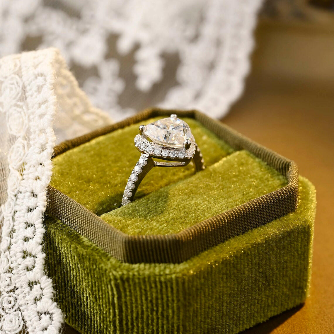 1.0 CT Heart Moissanite Diamond Halo Pave Engagement Ring