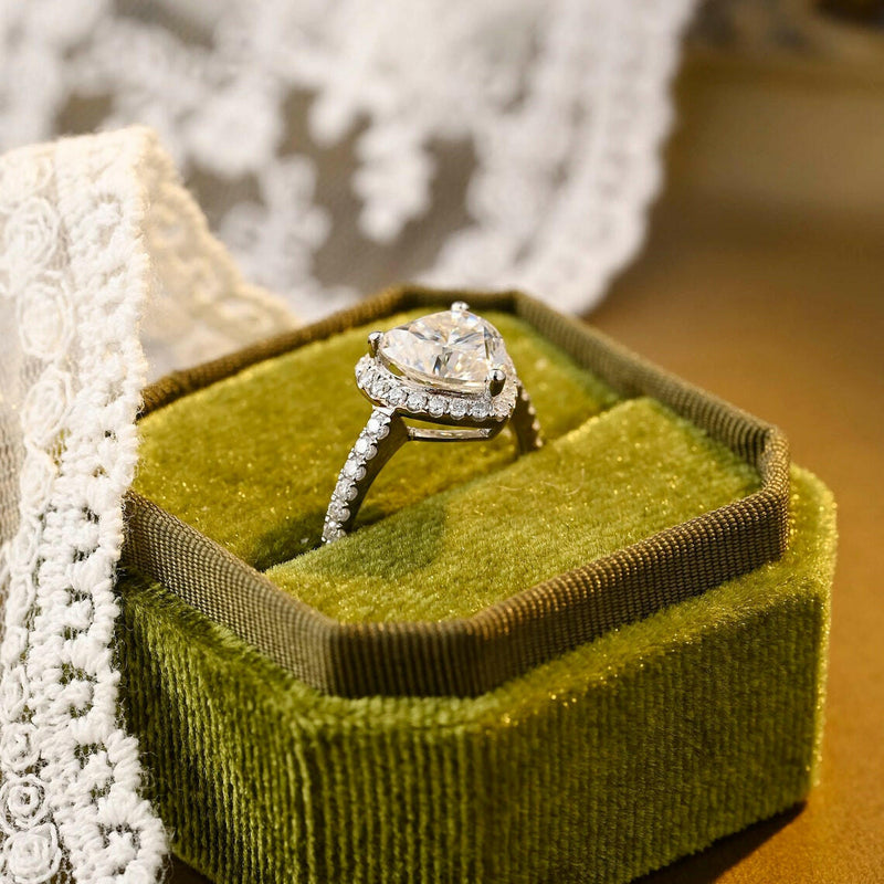 1.0 CT Heart Moissanite Diamond Halo Pave Engagement Ring