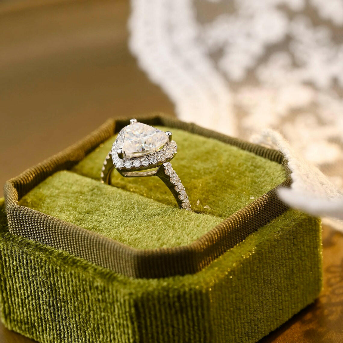 1.0 CT Heart Moissanite Diamond Halo Pave Engagement Ring