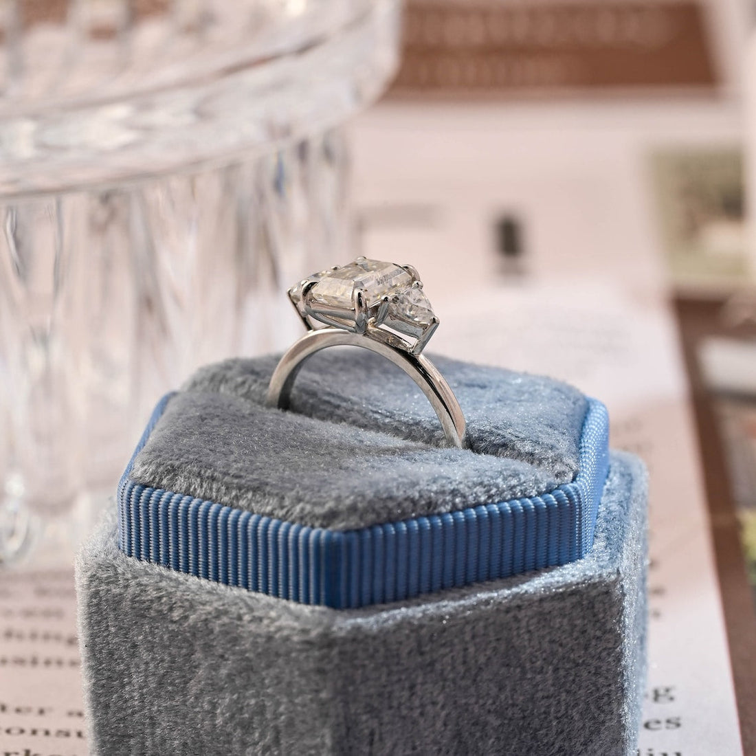 1.0-3.0 CT Emerald  CVD Diamond Three Stone Style Engagement Ring