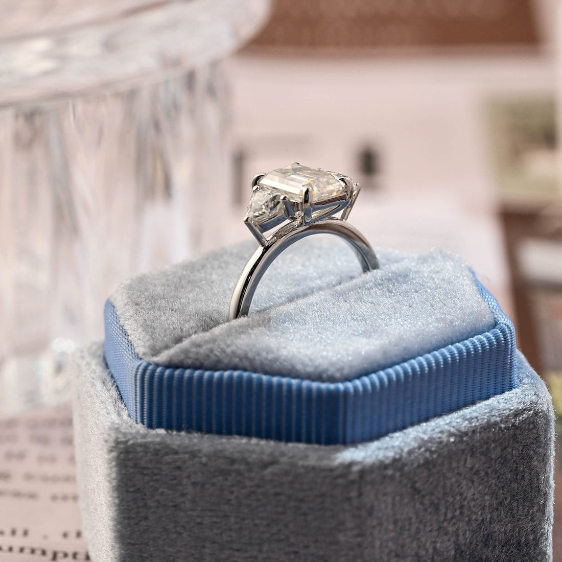1.0-3.0 CT Emerald  CVD Diamond Three Stone Style Engagement Ring