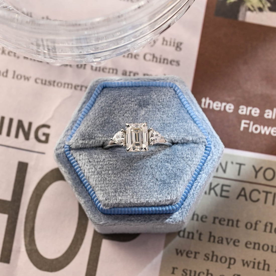 1.0-3.0 CT Emerald  CVD Diamond Three Stone Style Engagement Ring