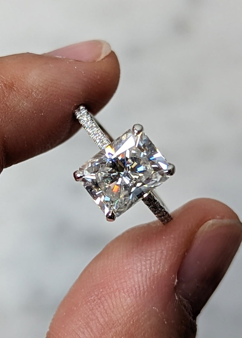 1.50-3.50 CT Radiant  CVD Diamond Pave Setting Engagement Ring