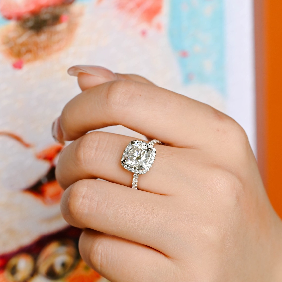 1.50 - 3.50 CT Cushion CVD Diamond Halo Pave setting Engagement Ring