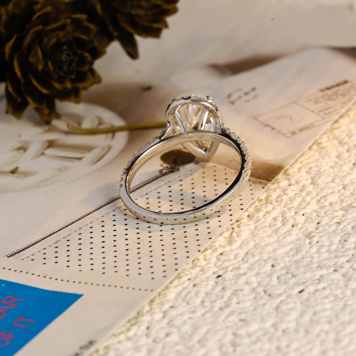 1.50-3.50 CT Pear CVD Diamond Halo Pave Setting Engagement Ring