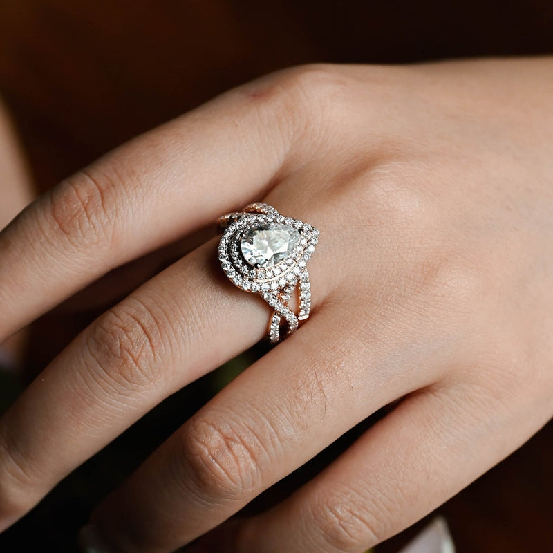 1.0 - 3.0 CT Pear CVD Diamond Double Halo Engagement Ring