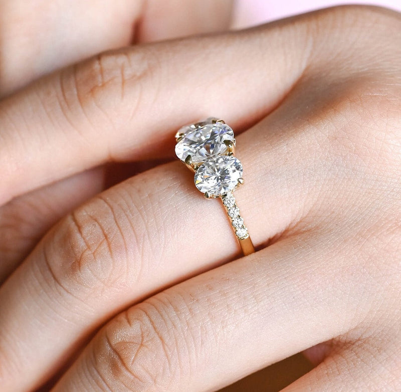 1.0 - 3.0 CT Oval F/VS1 CVD Diamond Three Stone Style Engagement Ring