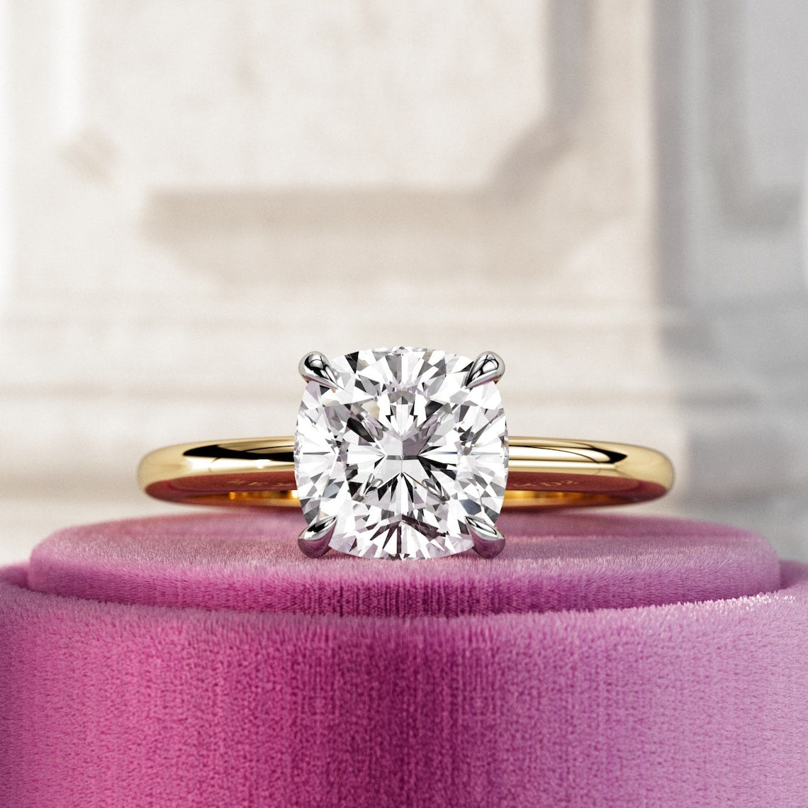 1.0 - 3.0 CT Cushion  CVD Diamond Hidden Halo Solitaire Engagement Ring