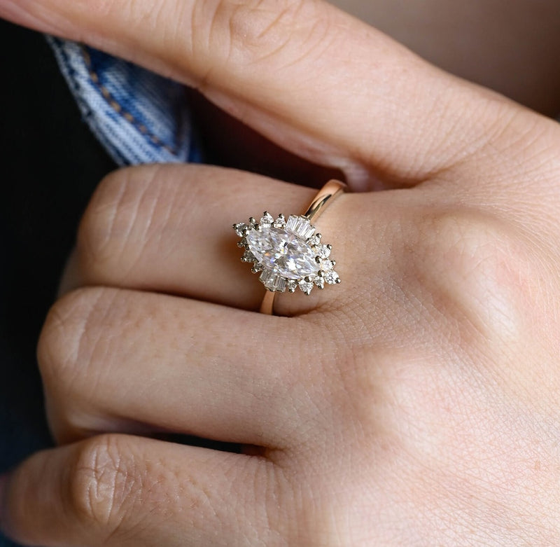 1.0 - 3.0 CT Marquise CVD Diamond Halo Solitaire Engagement Ring