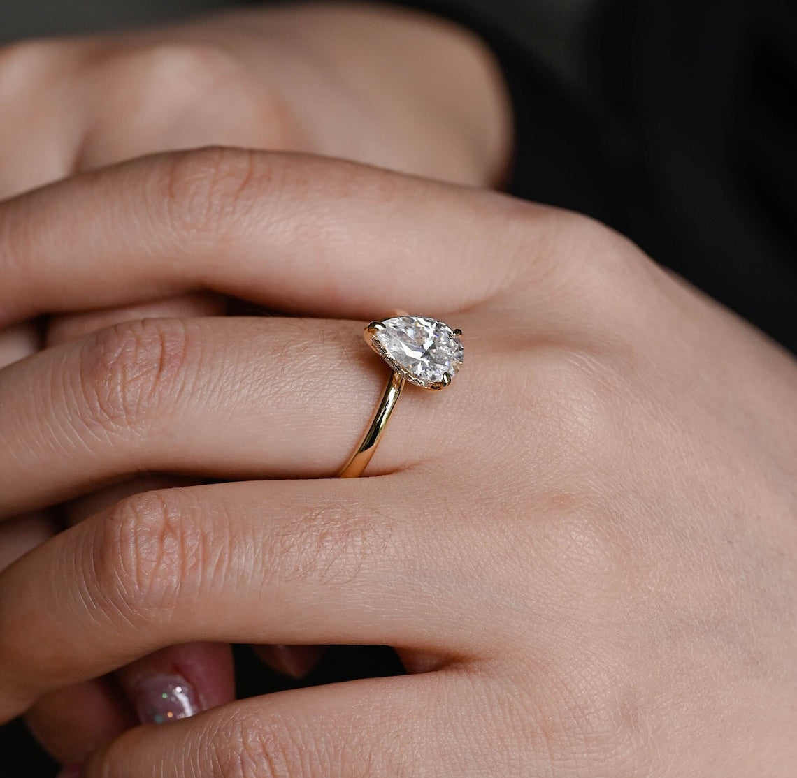 1.0 - 3.0 CT Pear CVD Diamond Hidden Halo Solitaire Engagement Ring