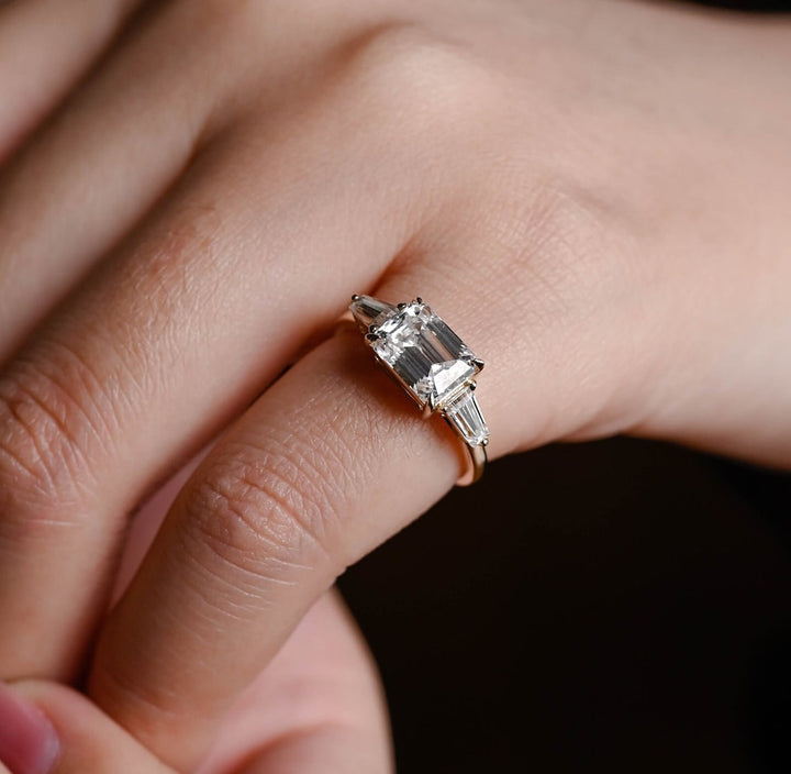 1.0-3.0 CT Emerald CVD Diamond Three Stone Style Engagement Ring
