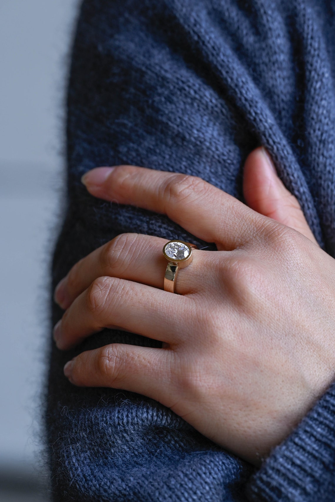 1.0-3.0 CT Oval  CVD Diamond Bezel Solitaire Engagement Ring