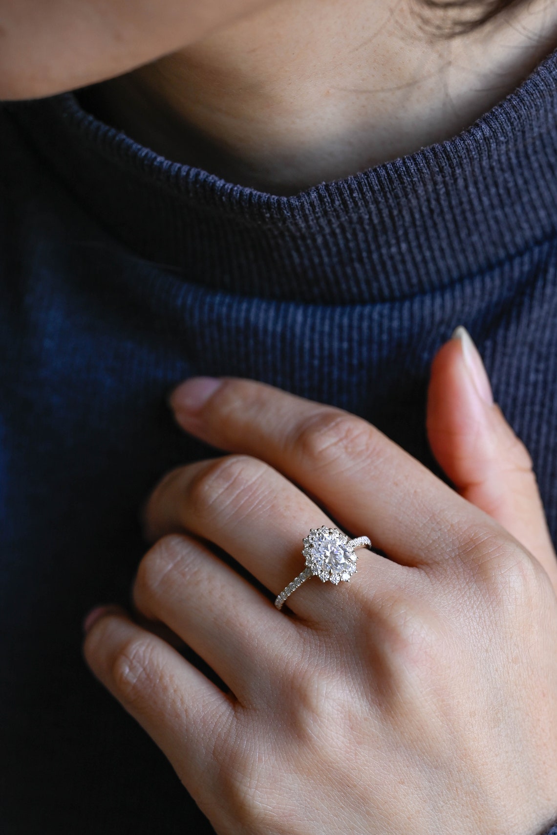 1.0-3.0 CT Oval  CVD Diamond Halo Pave Setting Engagement Ring