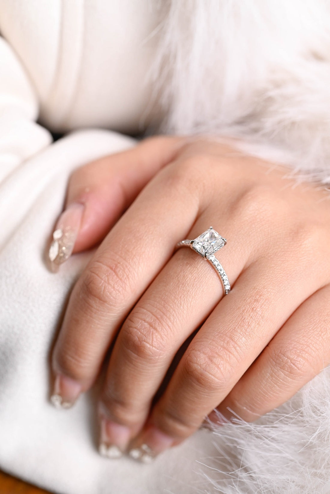 1.0 CT-3.0 CT Radiant Cut  CVD Diamond Pave Setting Engagement Ring