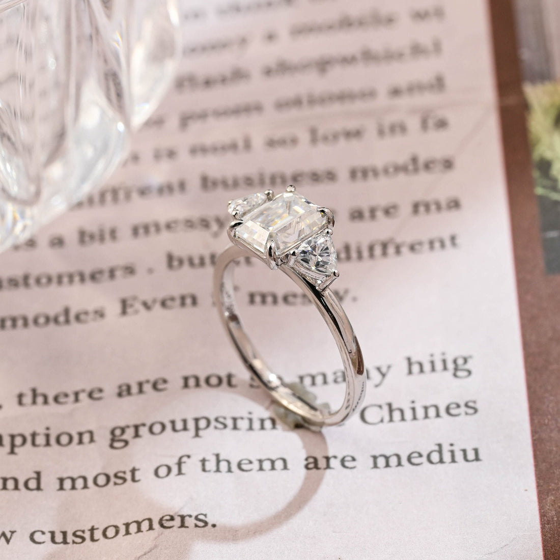 1.0-3.0 CT Emerald  CVD Diamond Three Stone Style Engagement Ring