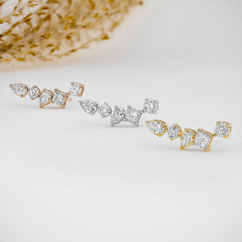 1.28 TCW Round, Princess & Pear Moissanite Diamond Ear Crawler Earrings