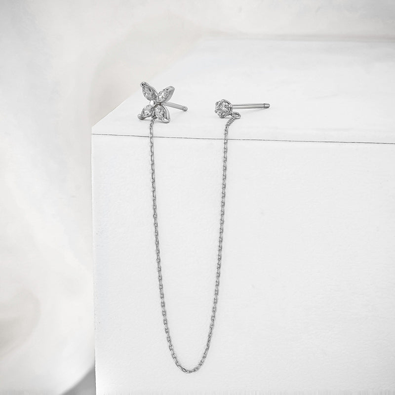 0.28 TCW Round & Marquise Moissanite Diamond Dual Piercing Chain Earrings