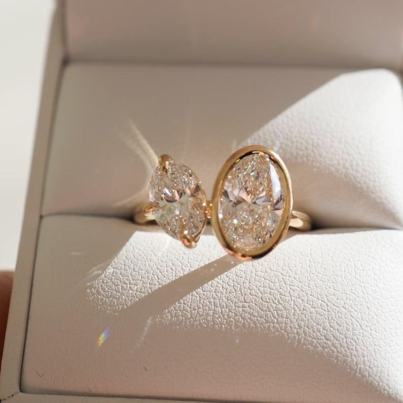 2.0CT-4.0CT Oval Cut Moissanite Bezel Set Two Stone Diamond Ring