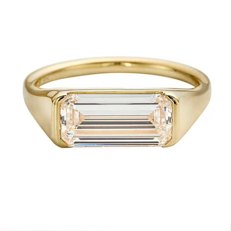 1.0CT-2.0CT East West Elongated Emerald Cut Moissanite Diamond Engagement Ring