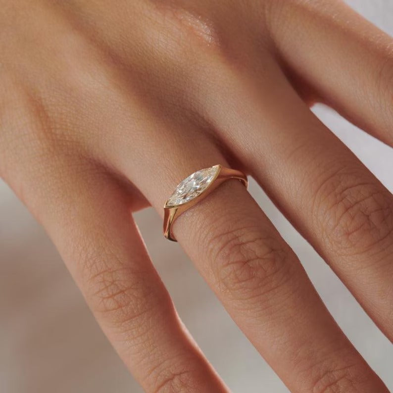 1.0CT-2.0CT East West Marquise Cut Moissanite Diamond Engagement Ring