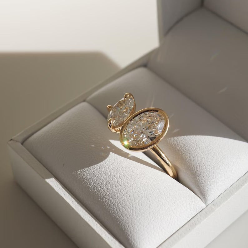 2.0CT-4.0CT Oval Cut Moissanite Bezel Set Two Stone Diamond Ring