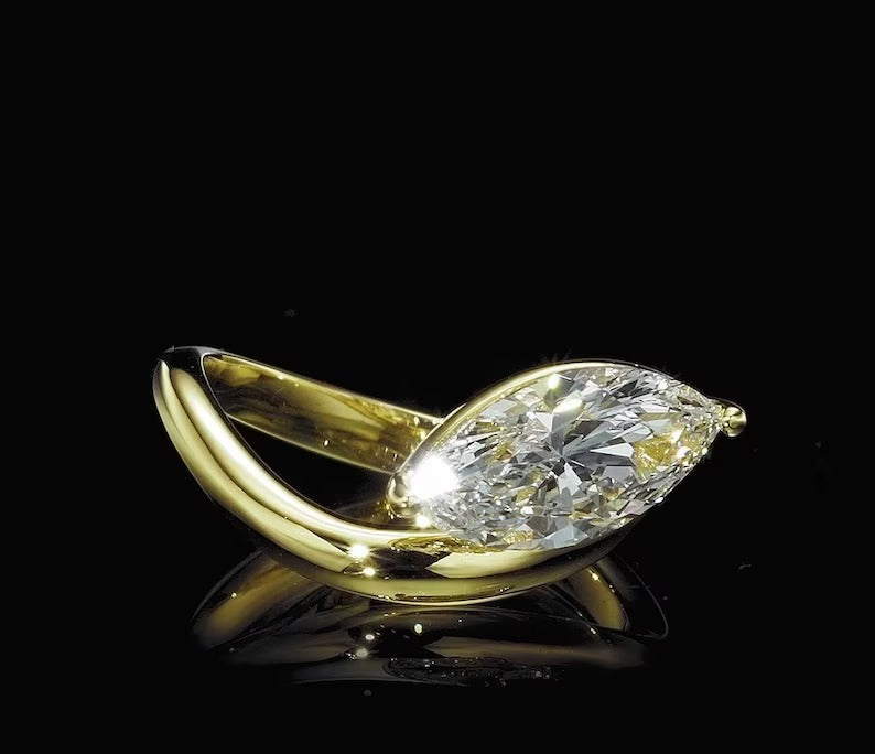 1.0CT-2.0CT Marquise Cut Moissanite Unique Curved Engagement Ring