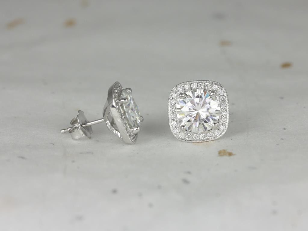 4ct Moissanite Diamonds Cushion Halo Stud Earrings