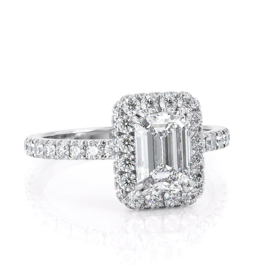 1.0CT Emerald Cut Unique Halo Moissanite Engagement Ring