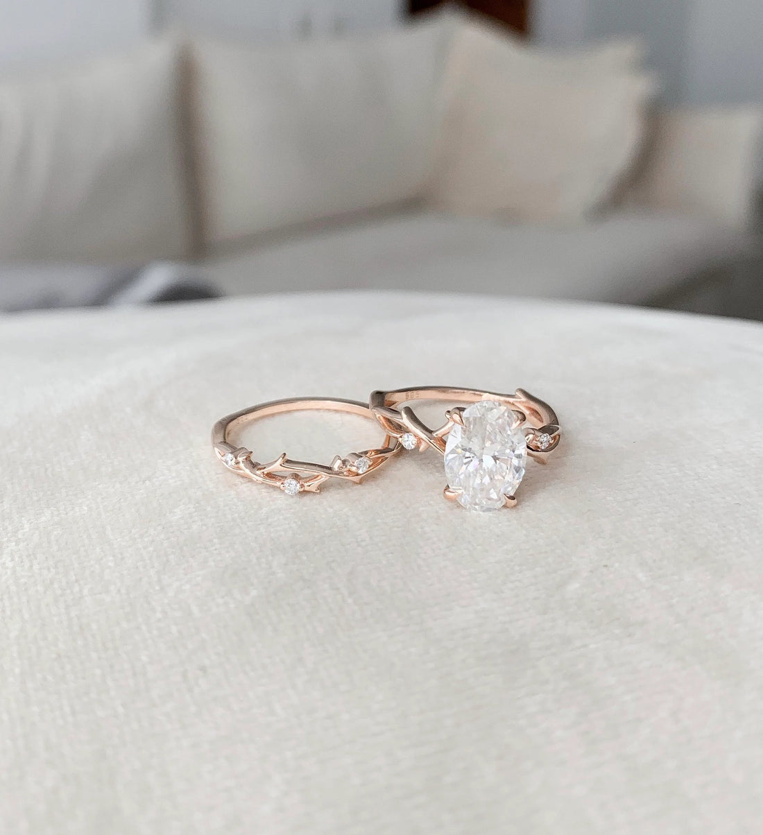 2.0CT Oval Cut Moissanite Twig Style Bridal Ring Set