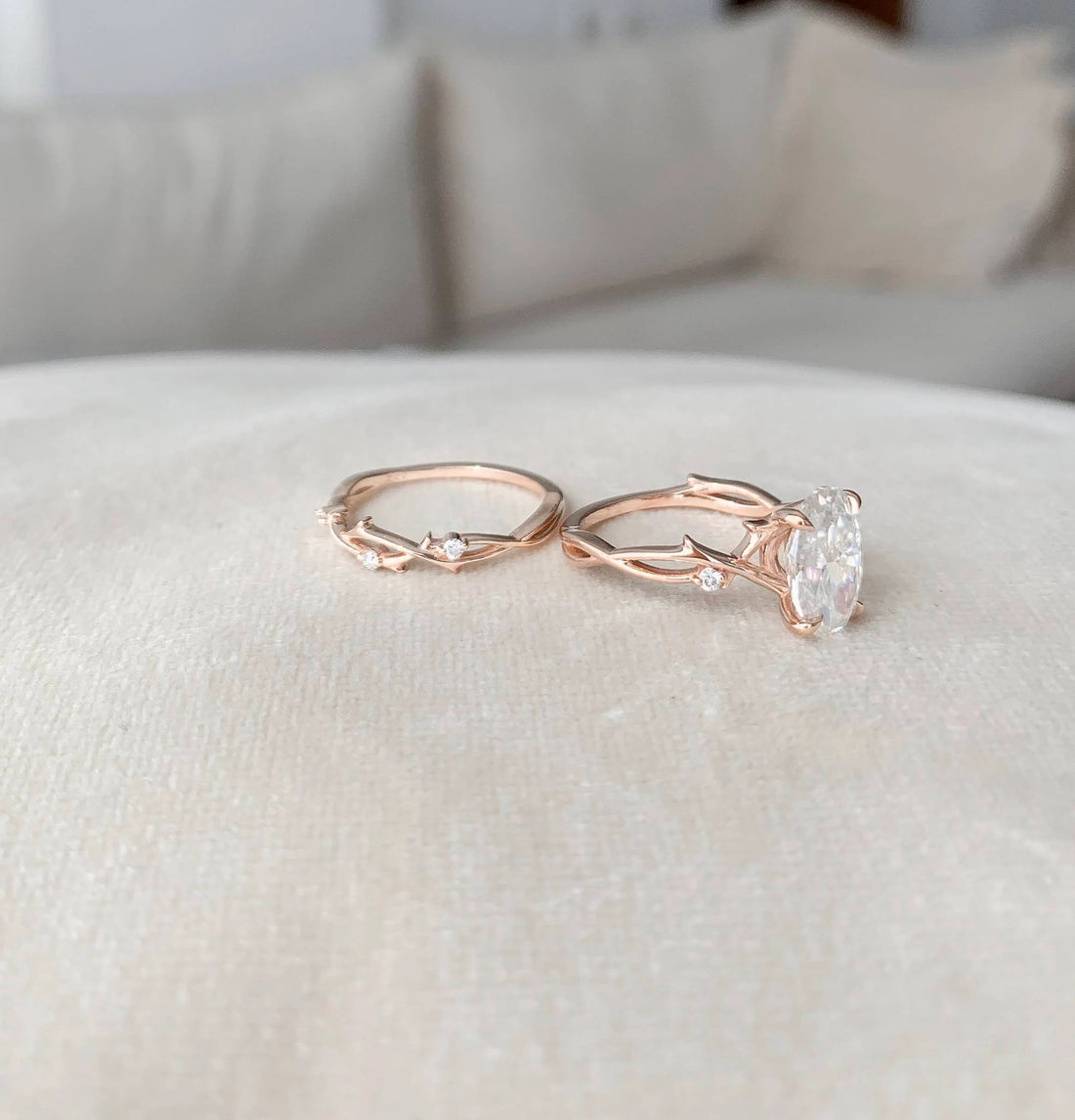 2.0CT Oval Cut Moissanite Twig Style Bridal Ring Set