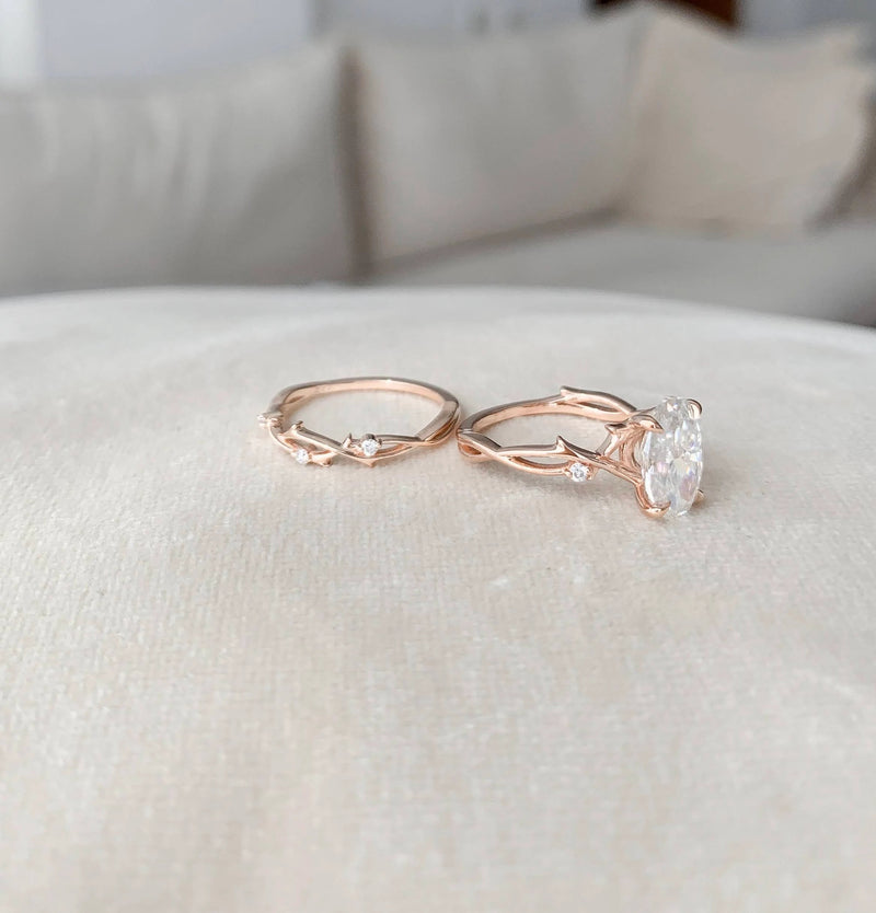 2.0CT Oval Cut Moissanite Twig Style Bridal Ring Set