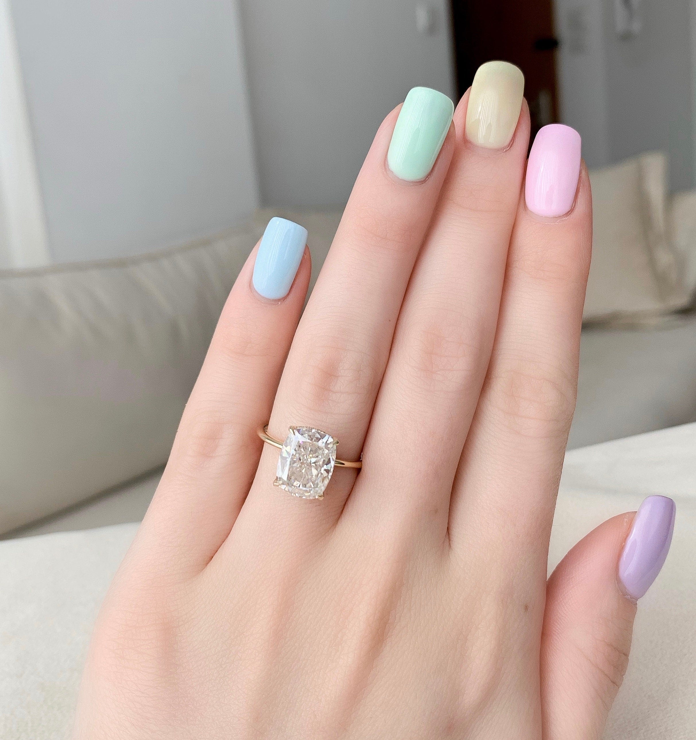 6.0CT Elongated Cushion Moissanite Solitaire Hidden Halo Setting Engagement Ring