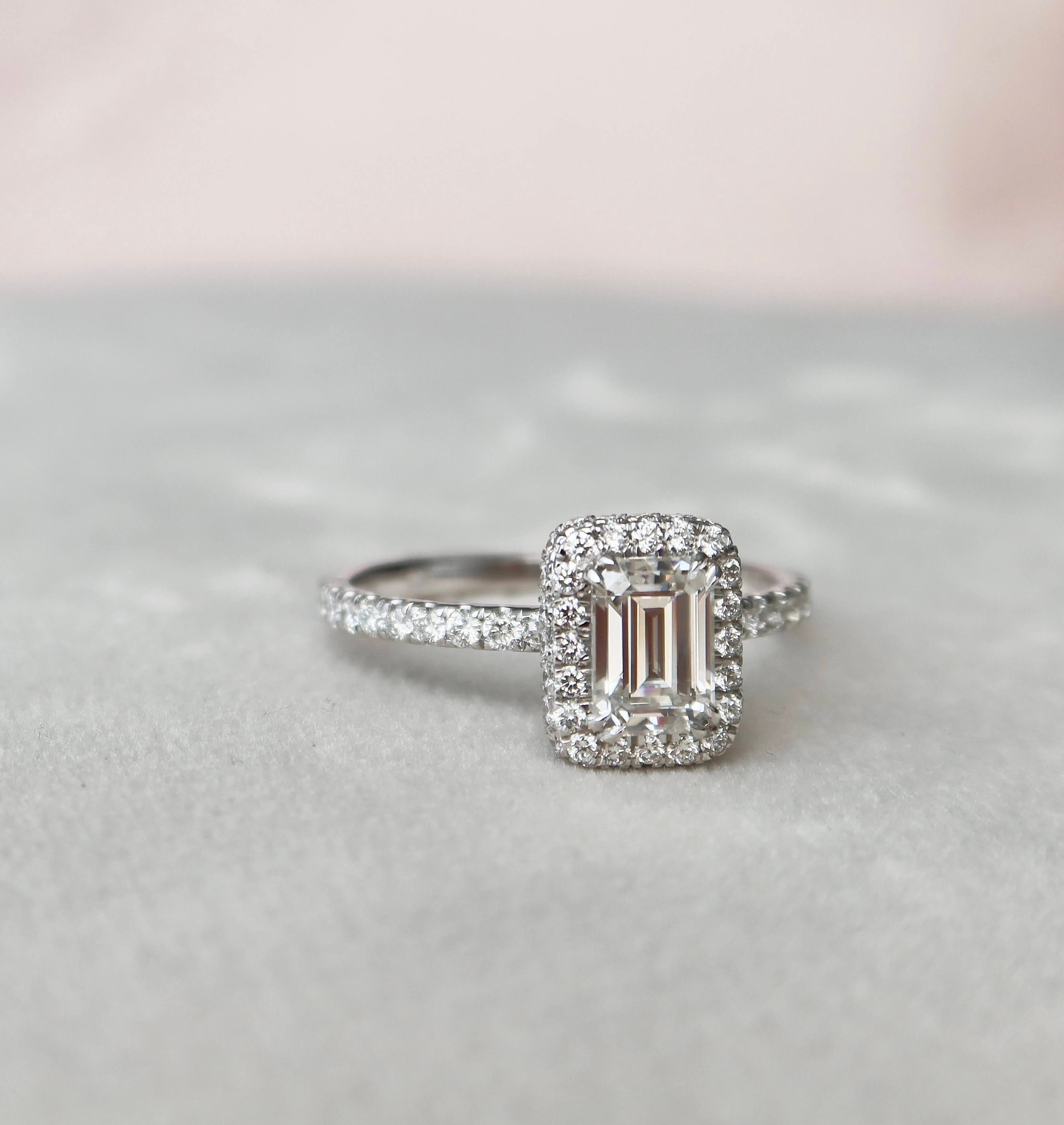 1.0CT Emerald Cut Unique Halo Moissanite Engagement Ring