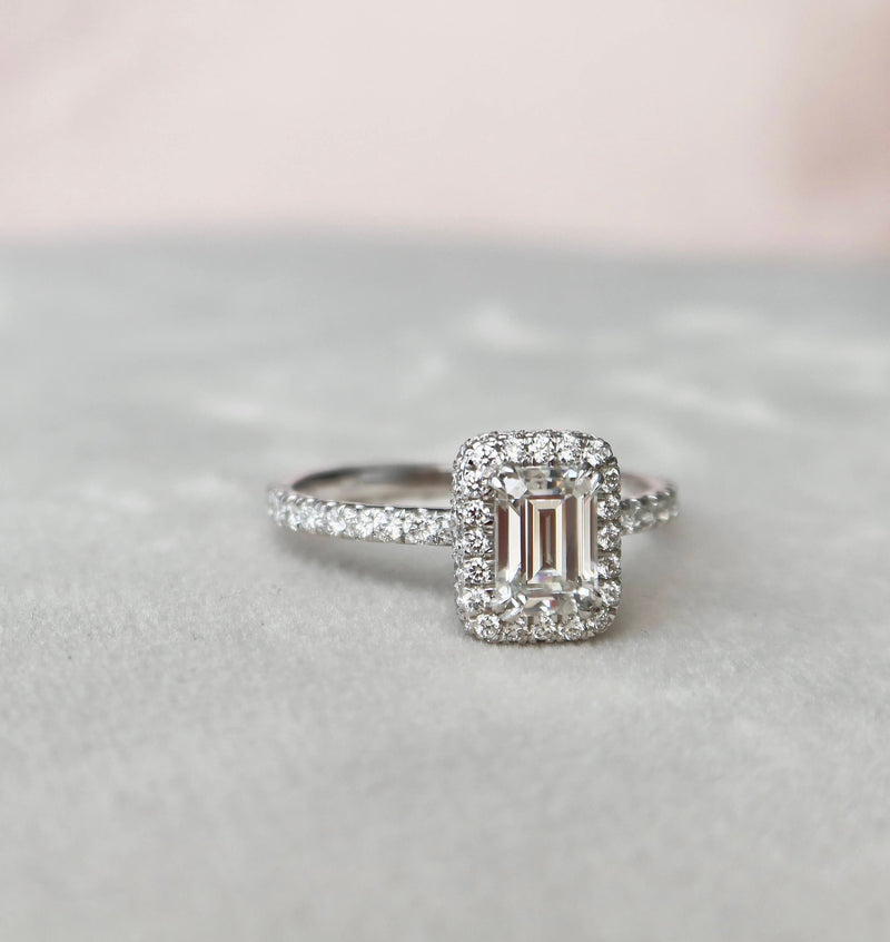 1.0CT Emerald Cut Unique Halo Moissanite Engagement Ring